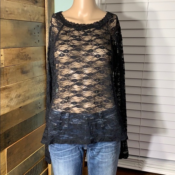Mudd Tops - Mudd Sheer Black Lace Long Sleeve Top XL EUC